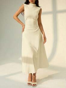 Vestido maxi de línea A con cuello mao, sin mangas, fruncido, color blanco, nuevo para el Día de San Valentín.Elegante y romántico atuendo para citas y trabajo, vestidos de verano para mujer - Amarillo claro - Ver 5