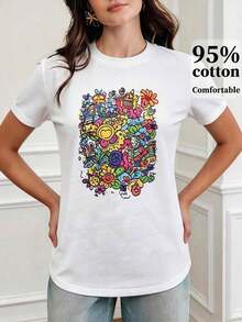 1pscAnewsta Camiseta Estampada Elegante y Divertida para Mujer, Adecuada para el Uso Diario, 100% Algodón - Blanco 5 - Ver 3
