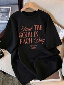 Camiseta Casual de Mujer de Punto con Cuello Redondo y Manga Corta, con Estampado Inspirador, Hombros Caídos y Largo Regular QLJT - Negro - Ver 2