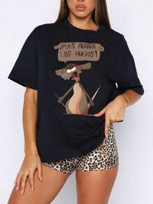1 Piece 180g Women's Cotton Shirt, Oversized Short Sleeve Round Neck With Print For Daily And Street Wear, Designed By Y2K Artists In The Bababask Style - 黑色9 - 查看 6