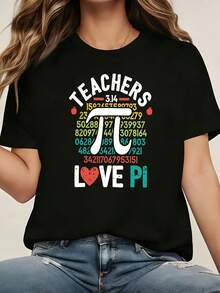 Camiseta suave 100% algodón, talla grande, con estampado digital de corazón y símbolo de enseñanza "TEACHERS LOVE PI", estampado divertido con letras de temática matemática y científica, camiseta negra de manga corta con cuello redondo - Lavable a máquina, adecuada para primavera, verano y otoño, estilo casual, camiseta de algodón transpirable, combina con todo. - Negro - Ver 1