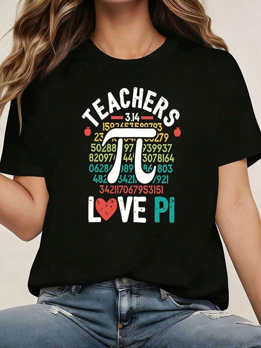 Camiseta suave 100% algodón, talla grande, con estampado digital de corazón y símbolo de enseñanza "TEACHERS LOVE PI", estampado divertido con letras de temática matemática y científica, camiseta negra de manga corta con cuello redondo - Lavable a máquina, adecuada para primavera, verano y otoño, estilo casual, camiseta de algodón transpirable, combina con todo. - Negro - Ver 1