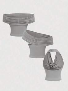 Set de 3 camisetas de tirantes plisadas de unicolor, versátiles y elegantes para el verano - Gris - Ver 4