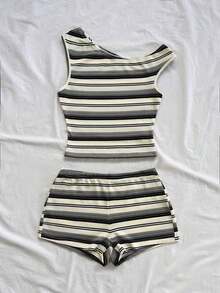 Eduarda Gutierrez  Conjunto de 2 piezas para mujer con top corto de punto a rayas y shorts ajustados de tiro súper bajo, atuendo adecuado para vacaciones, fiestas, Navidad, San Valentín, citas, playa, crucero, carnaval, Pascua, Año Nuevo Chi - Multicolor - Ver 7