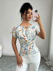 Blusa de manga corta con cuello redondo, estilo envolvente, elegante y casual, con cinturón y cuentas, adecuada para ir al trabajo, citas, y uso durante todo el año en primavera/verano.Blusa elegante para damas, apropiada para fiestas, citas, oficina, negocios, vida diaria en primavera/verano, temporada de graduación, Día del Maestro, vuelta al colegio, Acción de Gracias.Blusa de manga corta para uso diario, de unicolor con cuentas. - Multicolor - Ver 3