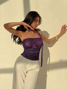Blusa elegante y romántica de mujer con estampado floral teñido anudado y volantes sin tirantes - Morado - Ver 7