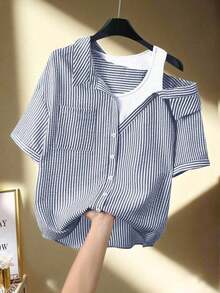 Camisa de mujer casual de manga corta raglán a rayas texturizada azul y blanca, de verano - Azul marino - Ver 1