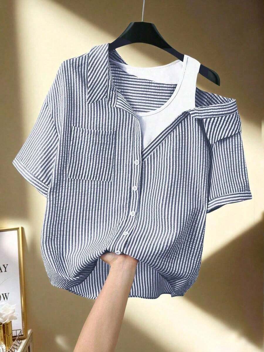 Camisa de mujer casual de manga corta raglán a rayas texturizada azul y blanca, de verano - Azul marino - Ver 1