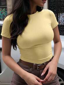 Camiseta de mujer de verano nueva, simple y casual, de corte ceñido y cuello redondo.Versátil y cómoda para el uso diario y las vacaciones. - Amarillo - Ver 4