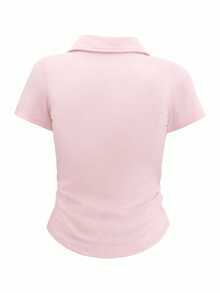 Camiseta de manga corta minimalista de unicolor para mujer, uso casual de todos los días - Rosa Pálido 2 - Ver 2