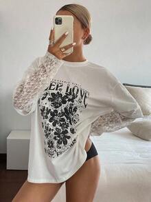 Loose And Casual Summer T-Shirt With Letter Print And Contrasting Lace, Oversized Graphic T-Shirt With Floral Print - Vintage Street Style Unisex Loose Cotton Short Sleeve Crew Neck T-Shirt. Blouses For Women. Casual Blouses For Ladies. - 白色的 - 查看 5