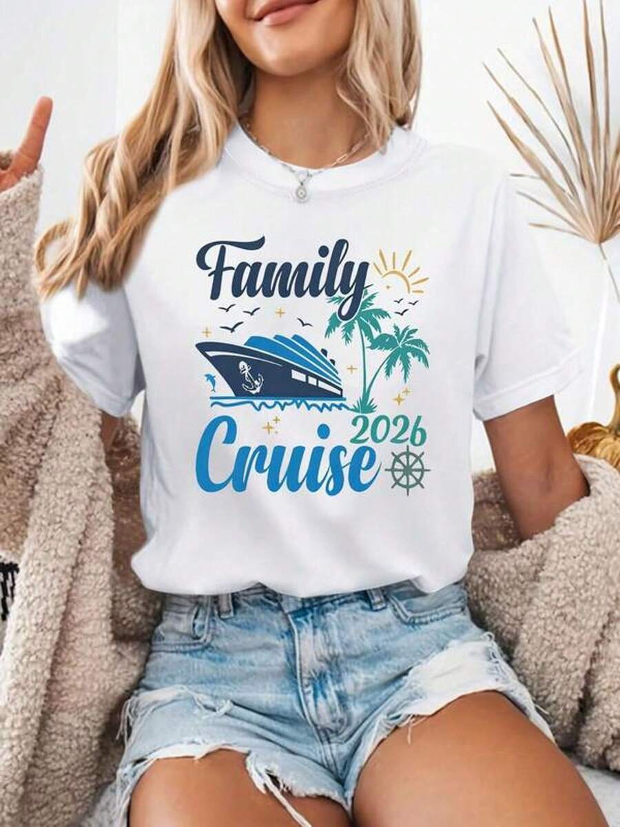 Camiseta con gráfico de crucero familiar 2026, manga corta cuello redondo, casual para verano y primavera, ropa de mujer