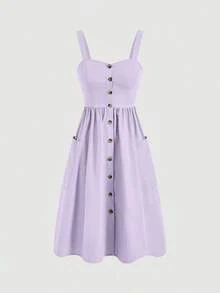 Vestido de verano para mujer de unicolor sin mangas con bolsillos - Lila Púrpura - Ver 5