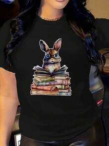 Camiseta Casual de Manga Corta para Mujer de Pascua - Camiseta con Gráfico de Conejito Leyendo Libros, Cuello Redondo, Blanca, Lavable a Máquina y Transpirable para Atuendo Casual de Verano - Negro - Ver 6