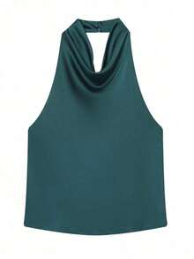 Camiseta sin espalda de satén negro para mujer, Camiseta de tirantes para playa de verano para mujer, Camiseta de tirantes finos con hombros descubiertos de color rosa para mujer - Verde - Ver 3