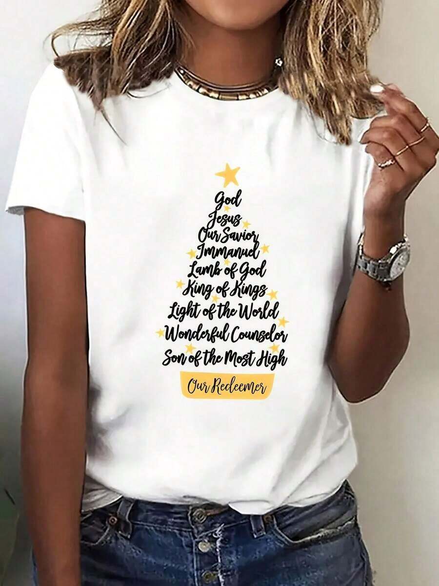 Women's Casual Short Sleeve T-Shirt | Charming Star And Letter Print, Stylish Crew Neck, Comfortable Fabric, Suitable For All Seasons, Perfect For Relaxed Weekends, Picnics, Or Everyday Outings. Suitable For Spring, Summer, And Fall. - 白色 - 查看 1