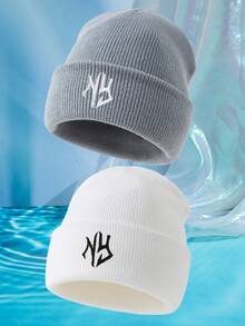 2件套男士纯色百搭3D刺绣纽约针织帽，无檐帽，适合秋冬季保暖和日常佩戴 - 平針 2pcs - 查看 14