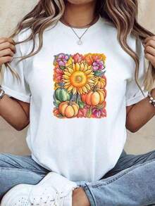 playeras de algodón mujer 1pscCamiseta de Otoño con Diseño de Girasoles y Calabazas - Blusa de Manga Corta con Estampado Floral Blanco que Incluye Girasoles, Margaritas y Dalias - Tela Suave y Transpirable, Unisex - Perfecta para Fiestas de Cosecha de Otoño, Día de Acción de Gracias, Camiseta Casual Lavable a Máquina, Estilo Bohemio, Ajuste Cómodo, Material Ligero, Moda de Temporada100%cotton ropa de mujer Daily home top - Blanco - Ver 1