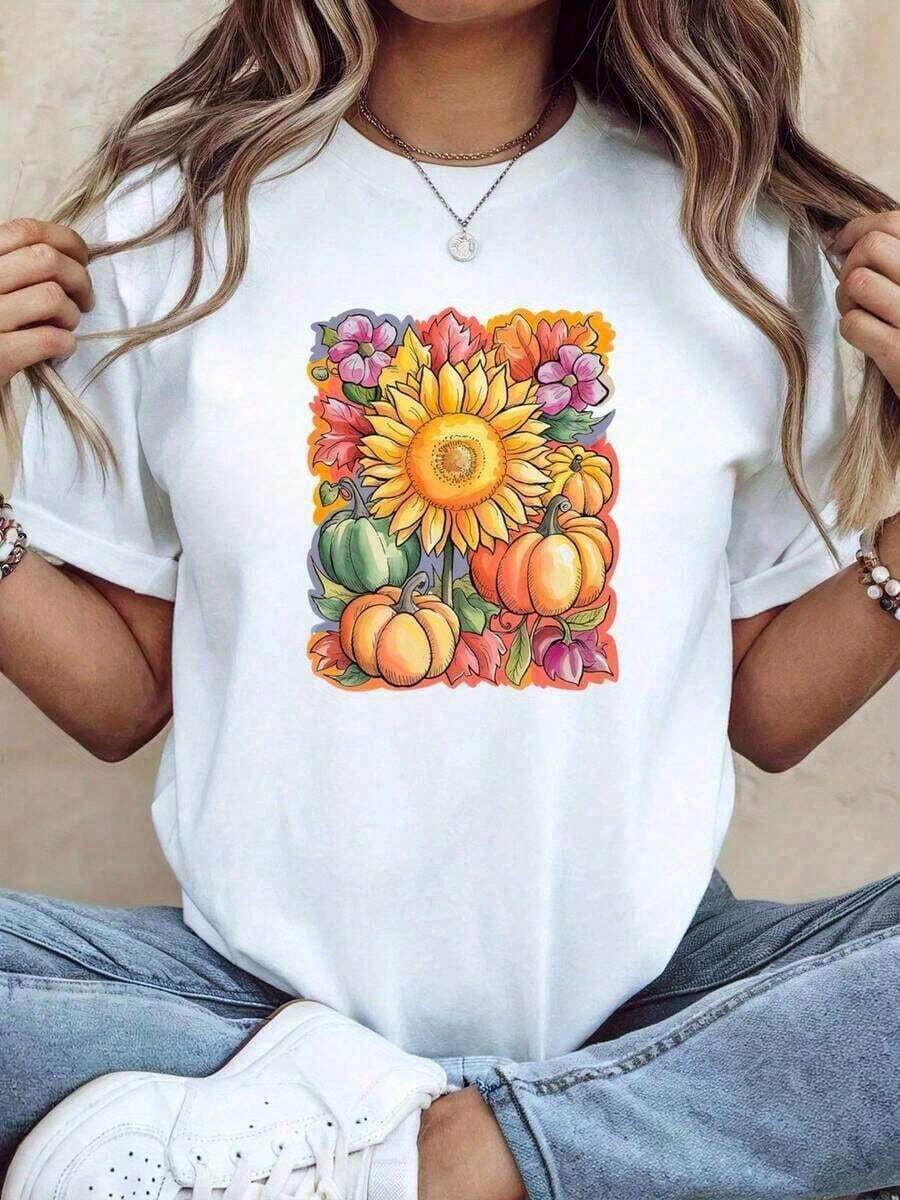 playeras de algodón mujer 1pscCamiseta de Otoño con Diseño de Girasoles y Calabazas - Blusa de Manga Corta con Estampado Floral Blanco que Incluye Girasoles, Margaritas y Dalias - Tela Suave y Transpirable, Unisex - Perfecta para Fiestas de Cosecha de Otoño, Día de Acción de Gracias, Camiseta Casual Lavable a Máquina, Estilo Bohemio, Ajuste Cómodo, Material Ligero, Moda de Temporada100%cotton ropa de mujer Daily home top - Blanco - Ver 1