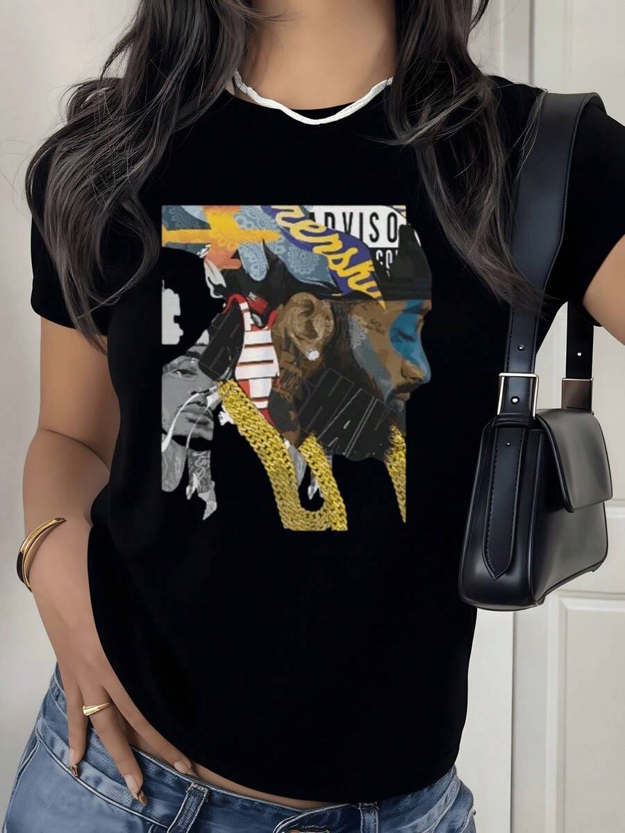 Modern Fusion Art Piece Combining Abstract Shapes With Golden Tones And Collage Details, Evoking Creative Energy And Urban Expression In A Striking Visual Ensemble. Modern Casual Women's T-Shirt - 黑色 - 查看 1