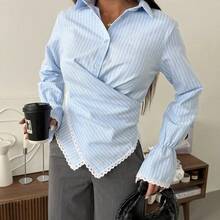 A Sophisticated Coffee, Apricot, Blue, Red, Pink Or White Striped Long-Sleeve Shirt With A Flattering Waist-Cinching Cut And A Unique Cross-Front Design – Elevating Casual Elegance For Evening Parties, Work-From-Home Lounging & Everyday Chic. Elitara Dresses Elitara - Light Blue - 查看 1