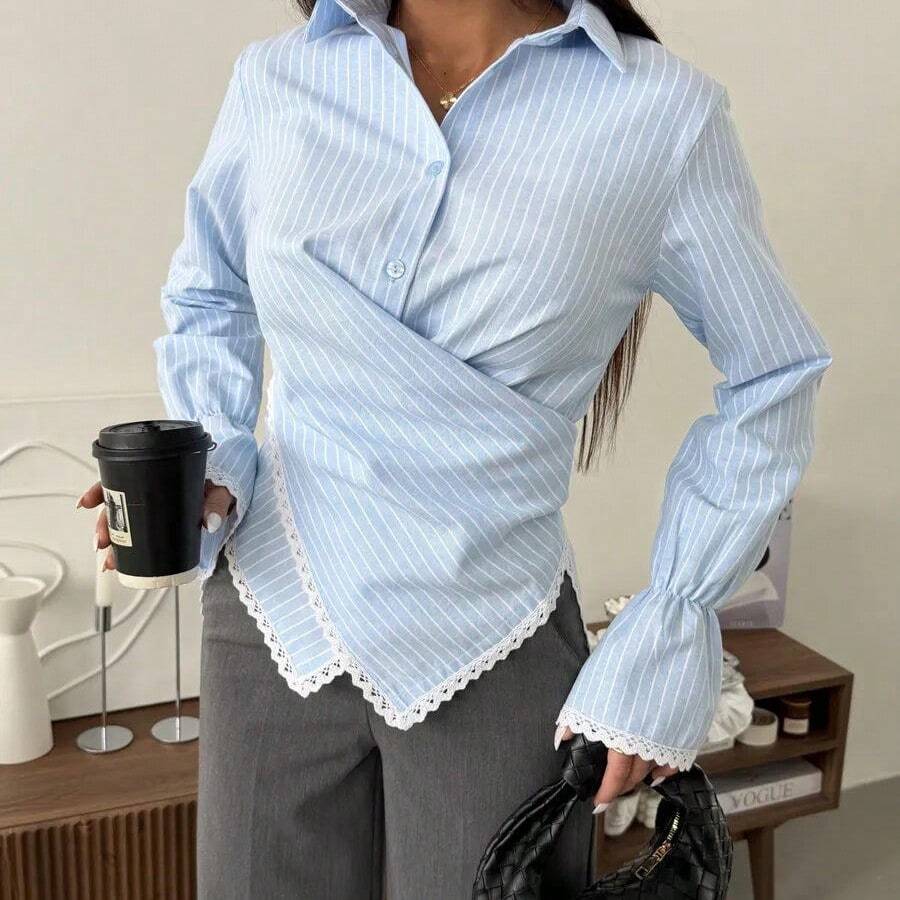 A Sophisticated Coffee, Apricot, Blue, Red, Pink Or White Striped Long-Sleeve Shirt With A Flattering Waist-Cinching Cut And A Unique Cross-Front Design – Elevating Casual Elegance For Evening Parties, Work-From-Home Lounging & Everyday Chic. Elitara Dresses Elitara - Light Blue - 查看 1