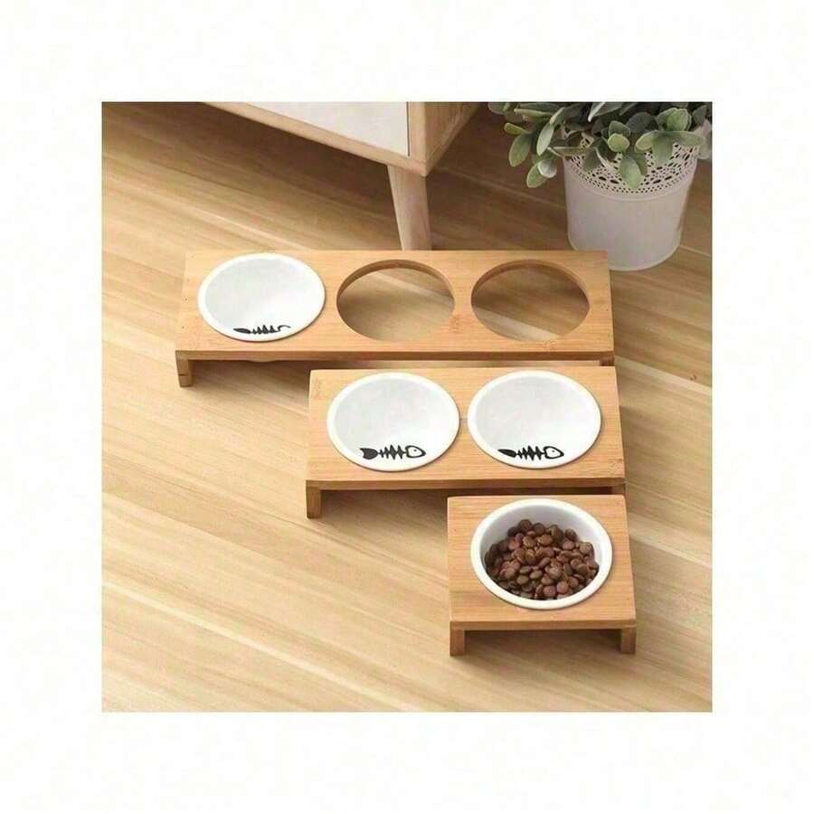 1/2/3 碗 猫狗喂食器 陶瓷餐具 宠物食品水碗 竹框防滑宠物用品 狗猫喂食碗 - 100ml - 查看 1