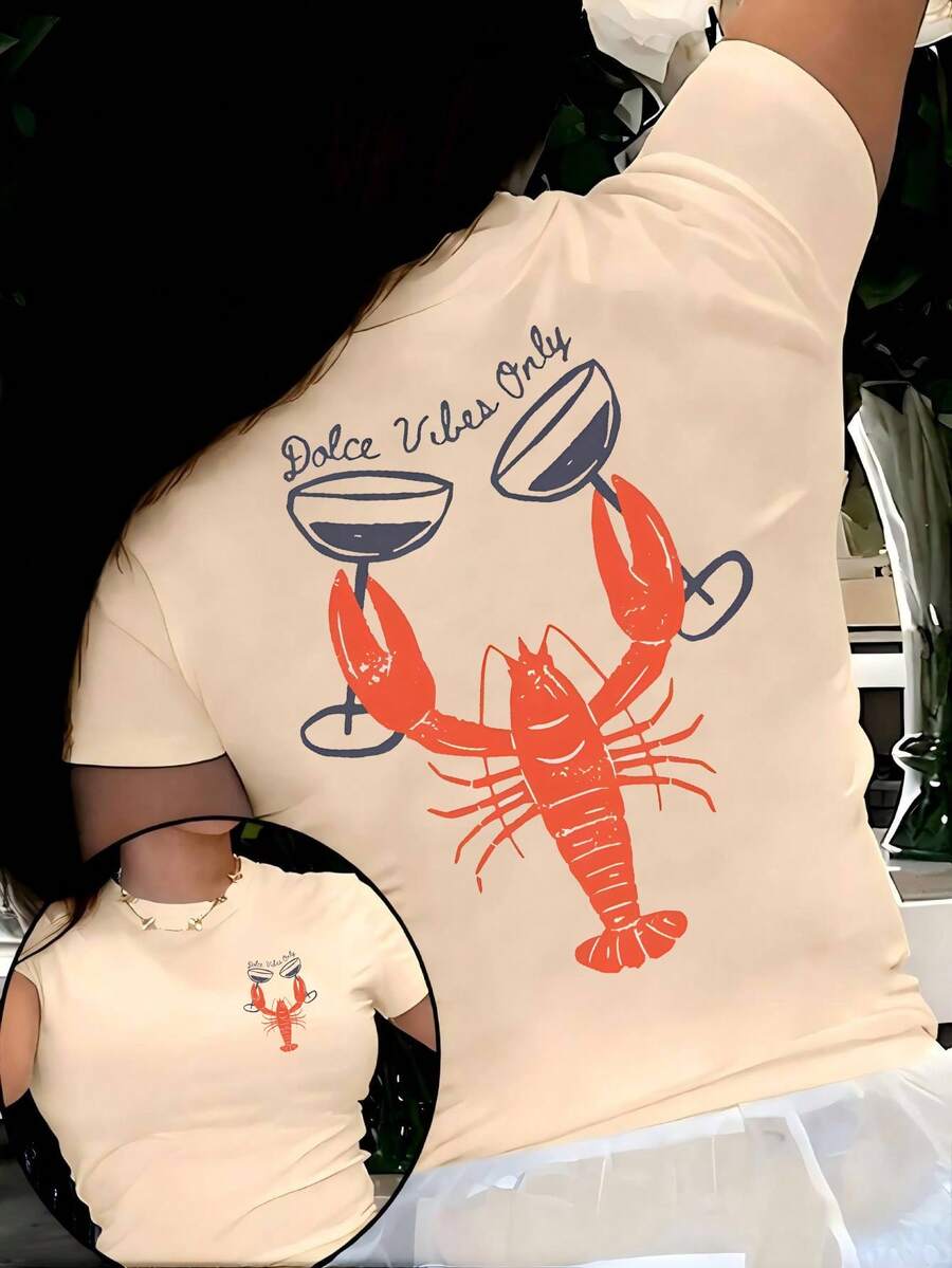 Women's Cream-Colored Oversized Summer T-Shirt With "Dolce Vibes Only" And Lobster Print. Casual Cream Short-Sleeved T-Shirt With The Phrase "Dolce Vibes Only", Ideal For Summer Looks. - YH513-杏色 - 查看 1