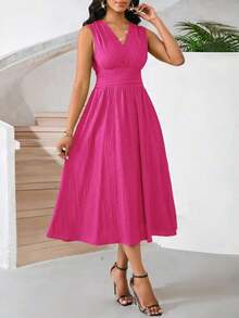 Vestido veraniego sin mangas de mediana longitud para mujer, de tela tejida con textura en color verde - Rosa Fucsia - Ver 4