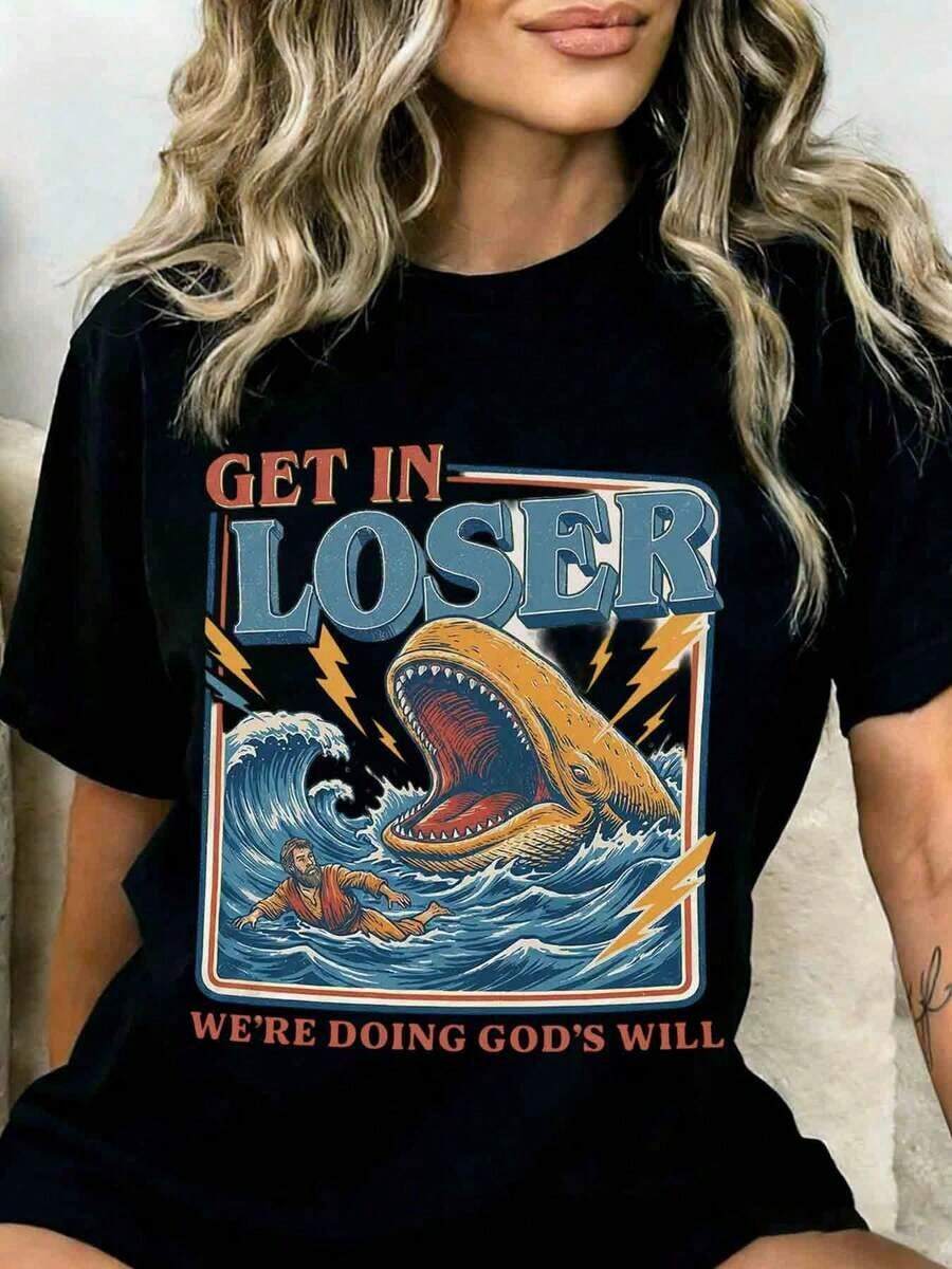 1 Piece "Get In Loser Were Doing Gods Will" T-Shirt With Jonah And The Whale Design, Funny Graphic Tee With Religious Humor For Men, Women, Unisex, Casual Wear, Gift For Christians, 180g, 100% Cotton. - 黑色 - 查看 1