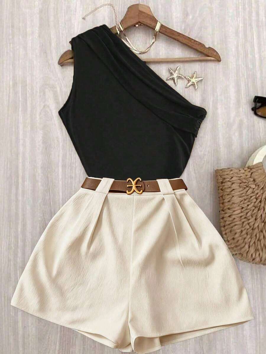Conjunto de top plisado de hombro de color marrón sólido y elástico para uso casual y pantalones blancos de cintura elástica - Caqui 2 - Ver 1