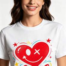 Tops para mujer juvenil de una pieza con estampado de corazones, estilo urbano, para mujer, con estampado de rostro, ropa casual de primavera/verano para exteriores. - Blanco - Ver 6