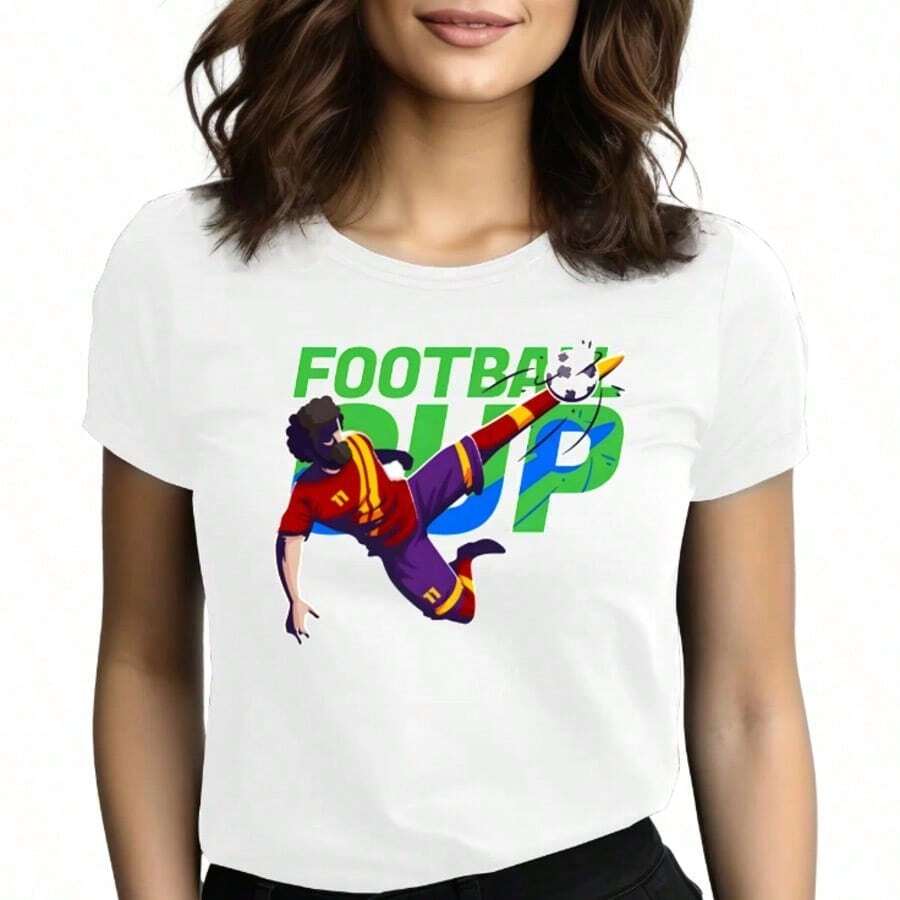 Tops para mujer Casual de Algodón para Mujer, Cuello Redondo, Manga Corta, con Estampado Gráfico de Fútbol, Corte Regular, Bonita - Blanco - Ver 1