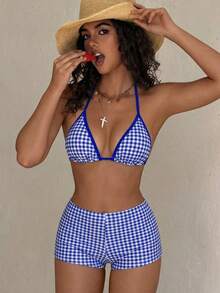 Bộ bikini 3 mảnh cạp cao dành cho nữ, họa tiết kẻ caro, thích hợp cho các lễ hội âm nhạc, tiệc bơi, thời trang Y2K, kỳ nghỉ hè ở bãi biển. - Màu xanh lam - Xem 8