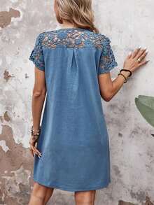 Vestido de verano casual y vintage para mujer con encaje empalmado - Albaricoque - Ver 9