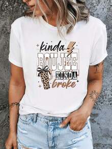 100% Algodón, 1 Pieza, Camiseta de Manga Corta con Cuello Redondo y Estampado Divertido para Mujer, Estilo Sencillo y de Lujo Ligero, Adecuada para Fiestas, Estampado de Animales y Letras, Transpirable, Retro, Casual, Estilo Elegante, Estampado de Letras de Dibujos Animados, Opción Perfecta, Camiseta de Cuello Redondo, Top Versátil, Cómoda para Uso Diario.Conjuntos de Verano 2026 para Mujer, Ropa Urbana para Mujer, Ropa Original - Blanco - Ver 1