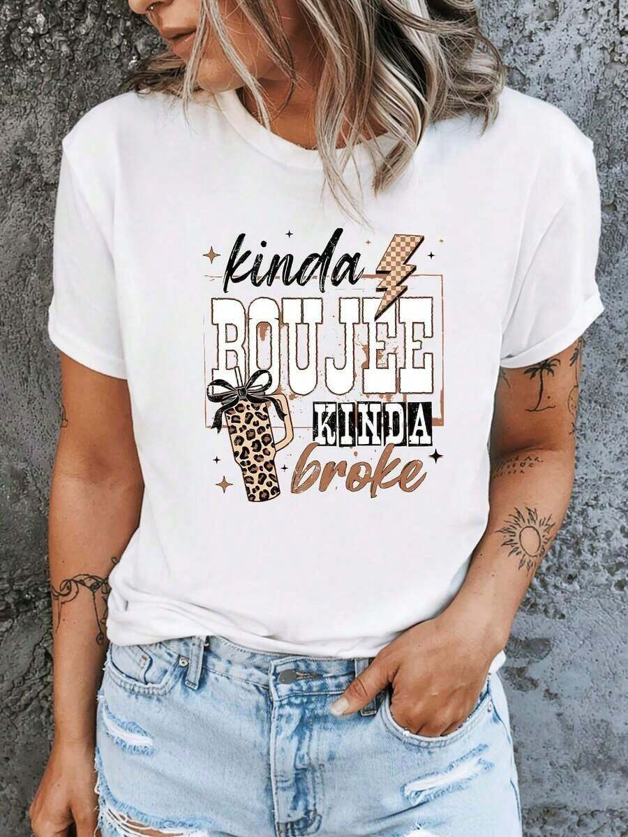 100% Algodón, 1 Pieza, Camiseta de Manga Corta con Cuello Redondo y Estampado Divertido para Mujer, Estilo Sencillo y de Lujo Ligero, Adecuada para Fiestas, Estampado de Animales y Letras, Transpirable, Retro, Casual, Estilo Elegante, Estampado de Letras de Dibujos Animados, Opción Perfecta, Camiseta de Cuello Redondo, Top Versátil, Cómoda para Uso Diario.Conjuntos de Verano 2026 para Mujer, Ropa Urbana para Mujer, Ropa Original - Blanco - Ver 1