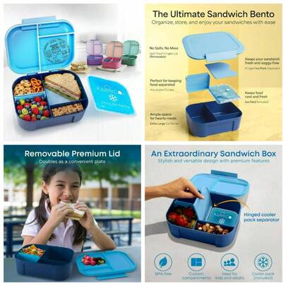 Leakproof Lunch Box – 3-Compartment Bento Box, Cooler Pack & Adjustable Divider, Extra Large &  – Dishwasher , Ideal For On-The-Go Meals, Navy & Blue