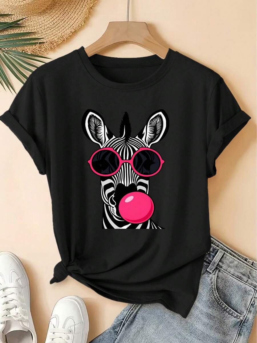 Retro Short-Sleeved T-Shirt With Zebra Print, Sunglasses And Bubblegum Design, Cool Forest Style, Loose Fit, Stylish Fashion For Spring/Summer 2026 Parties, Versatile Women's Clothing. - 黑色 - 查看 1