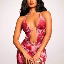 Sexy Watercolor Floral Print Dress With Backless Cutout Detail, Suitable For Dates, Gatherings, Birthday Parties, Holidays, Beach Vacations, Spring/Summer,Summer Dresses For Women - Marrón - Ver 5