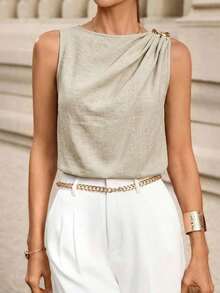 Blusa de satén sin mangas con pliegues para mujer - Albaricoque - Ver 5