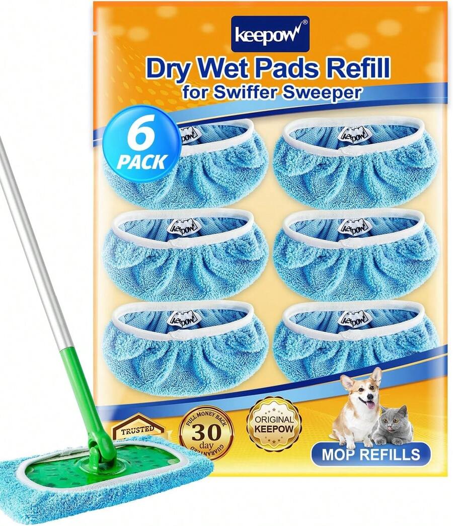 KEEPOW Reusable Wet Pads Refills Compatible With Sweeper Mop, Dry Sweeping Cloths, Microfiber Wet Mopping Cloths For Hardwood Floor Cleaning, 6 Pack (Mop Is Not Included) - Blue6 Pack - 查看 1