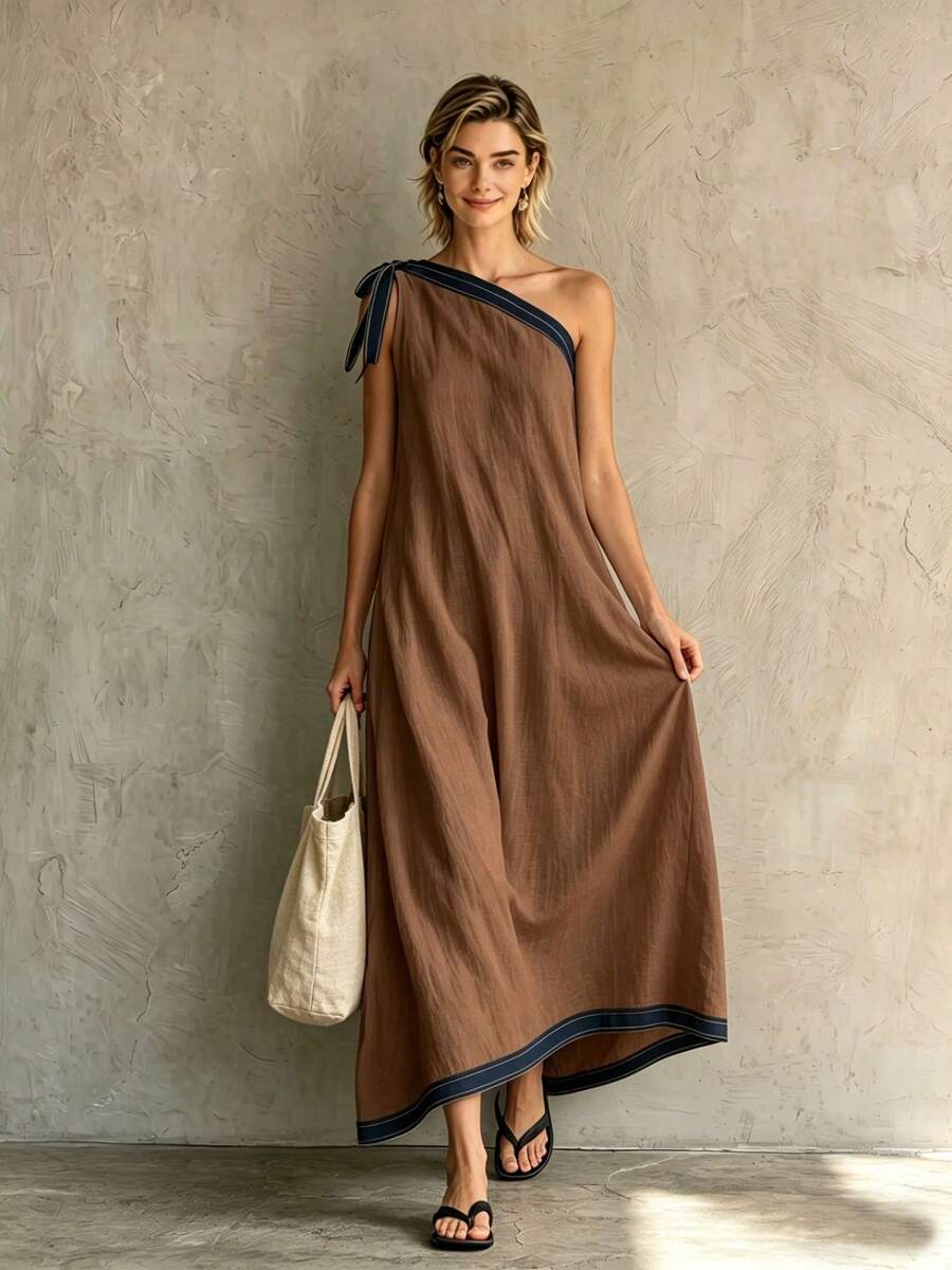 Nuevo 2026 Vestido Largo Elegante Mujer Espalda con Lazo Color Contraste - Café - Ver 1