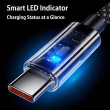 240W Type-C Fast Charging Data Cable, USB Nylon Braided LED Illuminated - Black - View 2