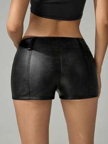 Shorts Casuales de Color Sólido con Cierre Frontal para Mujeres Altas, Micro Shorts - Azul Marino - Ver 9