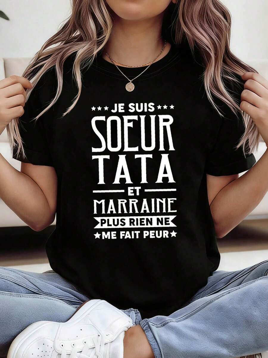Camiseta gráficara mujer "French Je Suis Soeur Tata" - Camiseta casual de manga corta con cuello redondo y letras, perfectara salidas de primavera-verano, compras y regalos navideños, ropa casual con diseño de texto drtido y uste cómodo