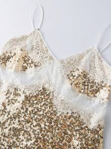 Top de tirantes de encaje y lentejuelas para mujer, ropa de verano, top de fiesta con escote en V y tirantes finos - Dorado - Ver 9
