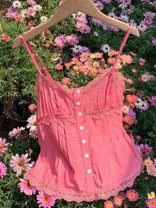 Top de tirantes de verano con diseño de botones e inserto de encaje amarillo para mujer - Rosado Sandía - Ver 1
