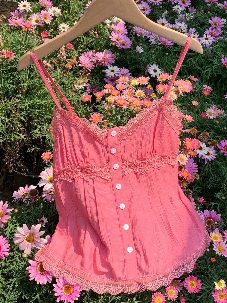 Top de tirantes de verano con diseño de botones e inserto de encaje amarillo para mujer - Rosado Sandía - Ver 1
