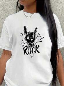 Top mujerCamiseta Rock Star de  con diseño gráfico, ligera y duraderara uso casual en restaurantes o hogares, camiseta de manga cortara amantes de la músicaTendencia 2026 - Blanco - Ver 1